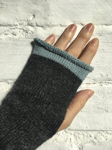 Lord and Taft Charcoal Grey Alpaca Fingerless Gloves with Duck Egg Blue Edge