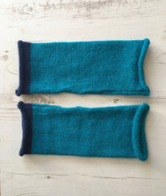Load image into Gallery viewer, Turquoise Blue Alpaca Fingerless Gloves with Navy Trim