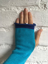 Load image into Gallery viewer, Turquoise Blue Cotton Fingerless Gloves with Royal Blue Trim