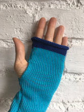 Load image into Gallery viewer, Turquoise Blue Cotton Fingerless Gloves with Royal Blue Trim