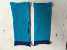 Load image into Gallery viewer, Turquoise Blue Cotton Fingerless Gloves with Royal Blue Trim