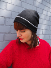 Load image into Gallery viewer, Lord and Taft Black Alpaca Silk Slouchy Beanie Hat with Grey Trim