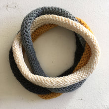 Load image into Gallery viewer, Mid-century Modern Grey Cream and Mustard Knitted Looped Neckwarmer