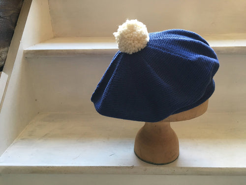 Lord and Taft Royal Blue Cotton Knit Beret with Cream Pompom