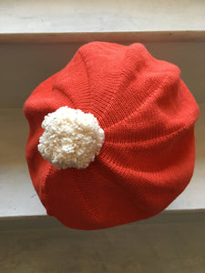 Orange Red Cotton Beret with Pompom