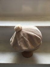 Load image into Gallery viewer, Beige and Cream mix Cotton Beret with a Rolled Hem and Cream Pompom on top, by Lord and Taft