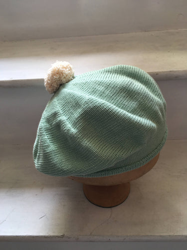 Lord and Taft Mint Green Cotton Knitted Beret with Cream Pompom on top