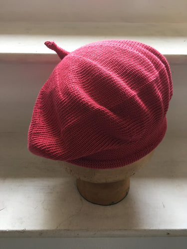 Raspberry Red Cotton Knitted French Style Beret with tab at Top and Rolled Hem, by Lord and Taft
