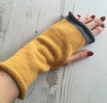 Load image into Gallery viewer, Mustard Yellow Fingerless Alpaca Gloves with Grey Trim