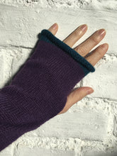 Load image into Gallery viewer, Purple Alpaca Knitted Fingerless Gloves with Blue Trim at Fingertips. By Lord and Taft