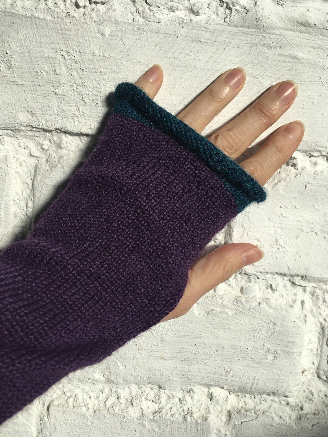 Purple Alpaca Knitted Fingerless Gloves with Blue Trim at Fingertips. By Lord and Taft