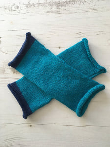 Turquoise Blue Alpaca Fingerless Gloves with Navy Trim
