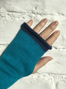 Turquoise Blue Fingerless Alpaca Gloves with Navy Trim and Slit for Thumb by Lord and Taft