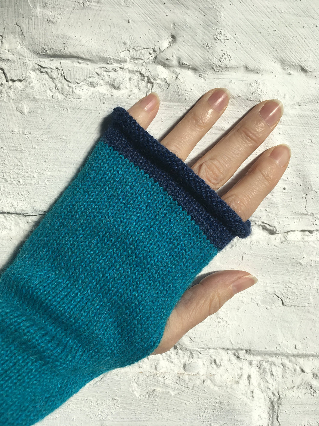 Turquoise Blue Fingerless Alpaca Gloves with Navy Trim and Slit for Thumb by Lord and Taft