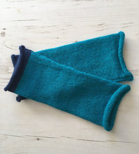 Load image into Gallery viewer, Turquoise Blue Alpaca Fingerless Gloves with Navy Trim