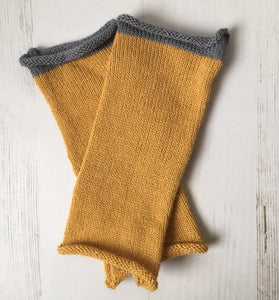 Mustard Yellow Fingerless Alpaca Gloves with Grey Trim