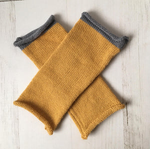 Mustard Yellow Fingerless Alpaca Gloves with Grey Trim