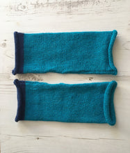 Load image into Gallery viewer, Turquoise Blue Alpaca Fingerless Gloves with Navy Trim