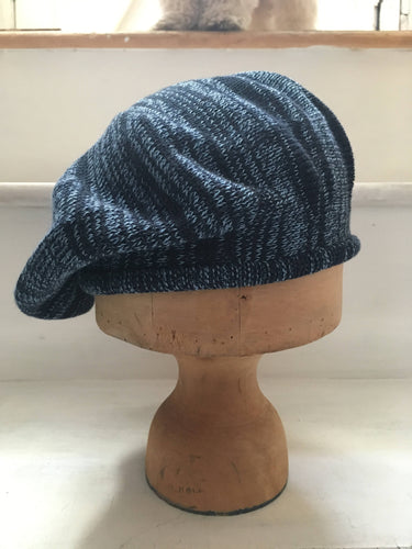 Lord and Taft Denim and Navy Blue Marled Effect Knit Cotton Tam Style Beret