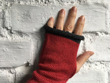 Load image into Gallery viewer, Crimson Red Alpaca Silk Fingerless Gloves with Grey Trim