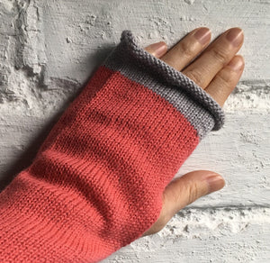 Pink Fingerless Alpaca Knitted Gloves, with Grey Trim. By Lord and Taft
