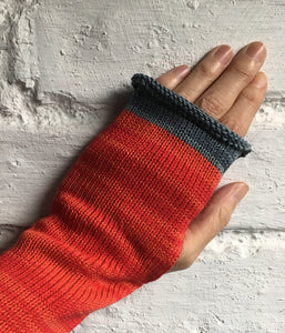 Scarlet Red Cotton Knitted Fingerless Gloves with Grey Trim by Lord and Taft