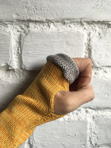 Mustard Yellow Cotton Fingerless Gloves with Grey Trim