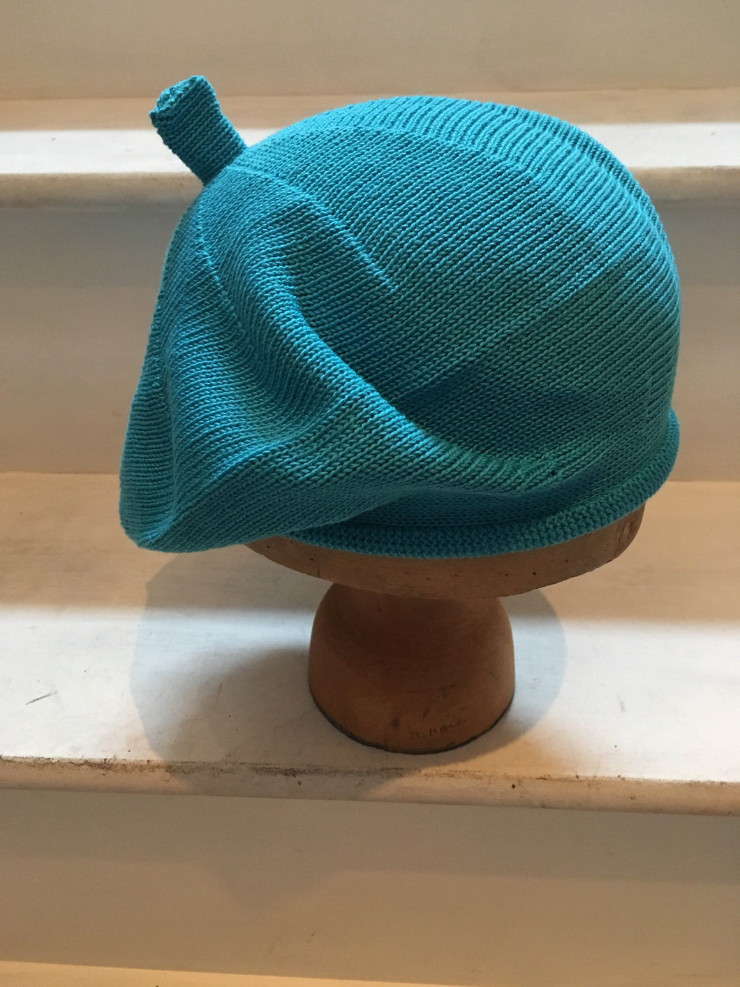 Turquoise Blue Cotton Knitted Beret for Women, with Tab at Top
