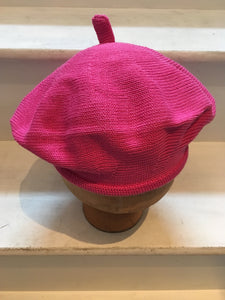 Fuchsia Cotton Knitted Beret with Tab at Top