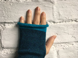 Teal Blue Fingerless Alpaca Gloves with Turquoise Trim