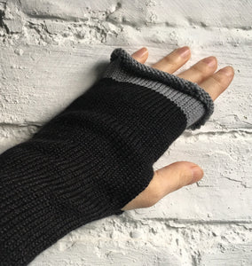 Black Alpaca and Silk Fingerless Gloves with Grey Edge
