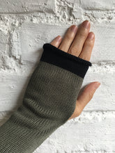 Load image into Gallery viewer, Lord and Taft Khaki Olive Green Cotton Knitted Fingerless Gloves with Black Trim at Fingertips