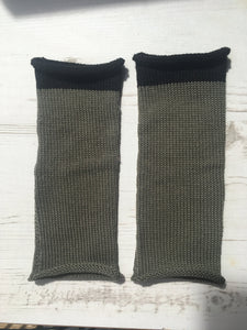 Khaki Olive Cotton Fingerless Gloves with Black Trim