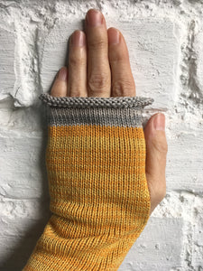Mustard Yellow Cotton Fingerless Gloves with Grey Trim
