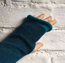 Load image into Gallery viewer, Lord and Taft Teal Blue fingerless alpaca gloves with turquoise edge