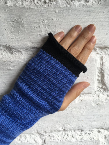 Blue Marled Cotton Knitted Fingerless Gloves with Black Edge by Lord and Taft