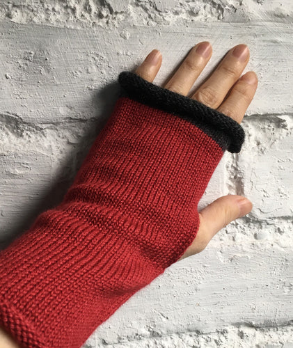 Lord and Taft Crimson Red Alpaca Silk Fingerless Gloves with Charcoal Grey Trim at Fingertips