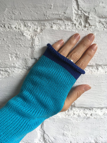 Turquoise Blue Cotton Fingerless Gloves with Royal Blue Trim by Lord and Taft