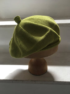 Lime Green Cotton Knitted French Style Beret with Tab at Top - by Lord and Taft